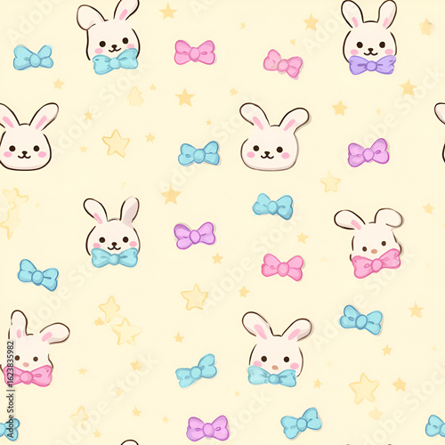 Cute pattern with bunnies and bows scattered among stars creates a whimsical and charming design.