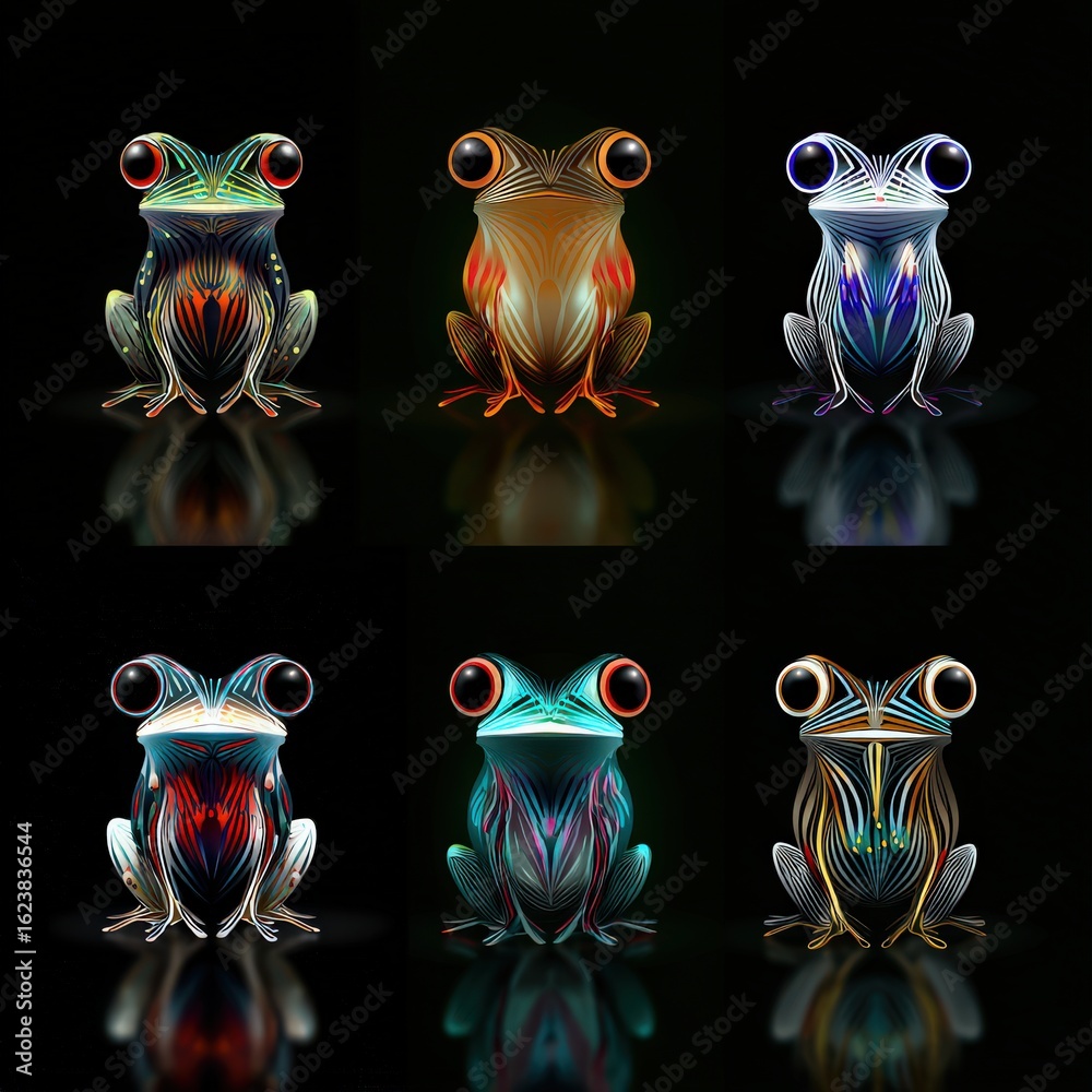 custom made wallpaper toronto digitalColorful futuristic frogs illuminated by neon lights create a captivating atmosphere in a dark abstract setting. Each frog showcases unique patterns in this motion filled artistic representation