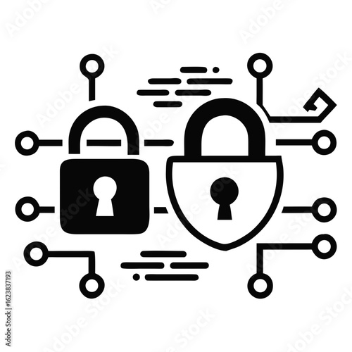 Cybersecurity design with digital locks and circuit lines  