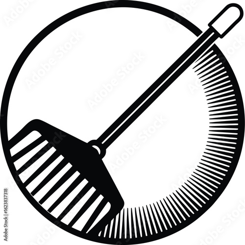 Vector art of a black and white illustration of a rake with a circular frame, isolated on white background