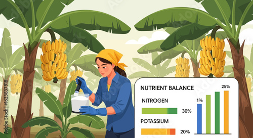 Woman Farmer Manually Applying Nutrients To Banana Plants in Plantation