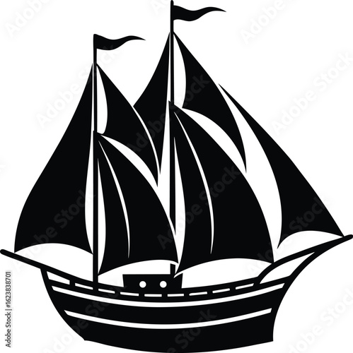 Vector art of black silhouette of a majestic sailing ship with full sails and two tall masts, set against a plain white background, symbolizing maritime exploration and historical voyages