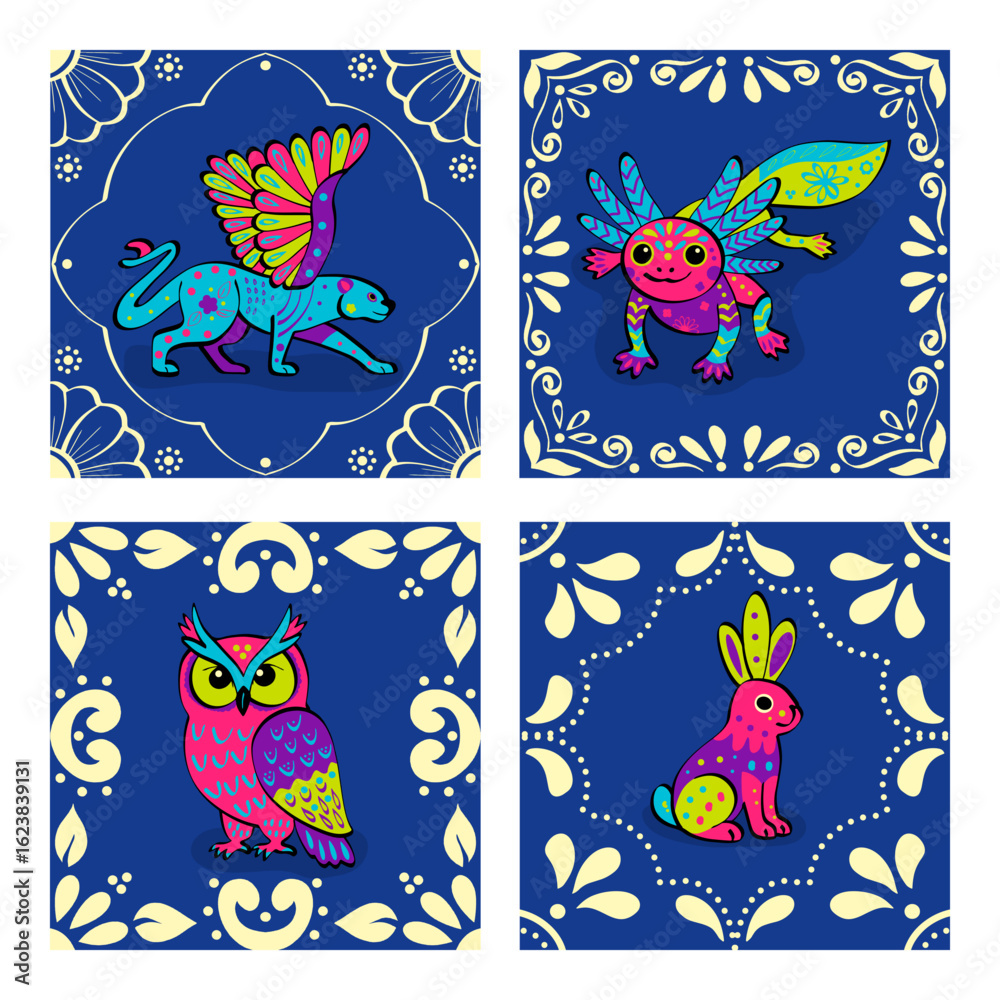 Obraz premium Alebrije Fantasy Creatures – Mexican Folk Art jaguar, axolotl, owl, and rabbit, each creature features wings, feathers, or bright colors, with hand-drawn otomi patterns and framed in decorative 