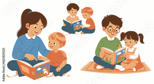 Children and adult reading books together in various groups, illustrating shared learning and family time.