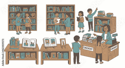 Children browsing and purchasing books in a bookstore, enjoying literature and discovery.