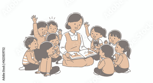 A teacher reads a storybook to a group of attentive children sitting in a circle, some raising their hands.