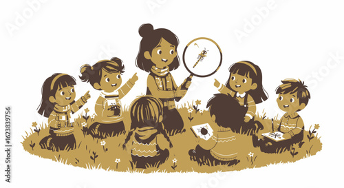 Children in a circle learning about nature with a teacher using a magnifying glass.