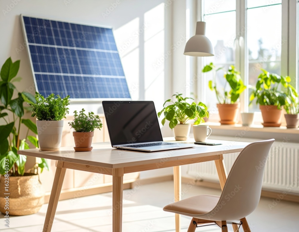 Fototapeta premium Eco‑friendly hybrid office workspace with plants and solar panel backdrop AI Generated image A beautifully styled eco-focused home office featuring green plants, natural daylight, a laptop on a light 