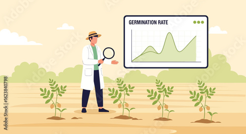 Agronomist Analyzing Germination Rate Of Crops In Field Experiment