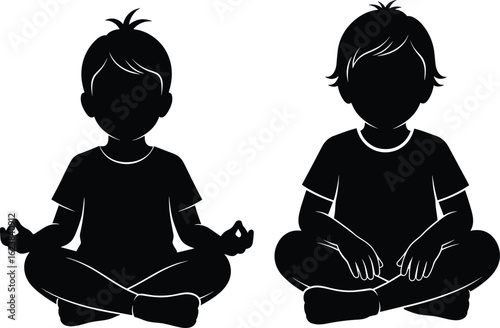 Meditating children silhouette vector, black and white seated pose with mindful gestures, cross-legged yoga style and peaceful expression