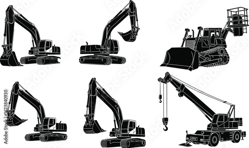 Construction equipment silhouette vector, black and white heavy machinery set with excavators, bulldozer, crane, platform lift, flat drawing