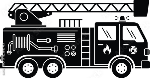 Fire truck silhouette vector, black and white emergency vehicle with ladder, hose reel, flame icon, and siren light