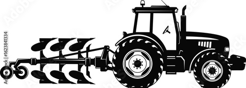 Black and white tractor plow vector illustration, detailed silhouette, agriculture machinery drawing, CAD style, farming equipment, high contrast artwork