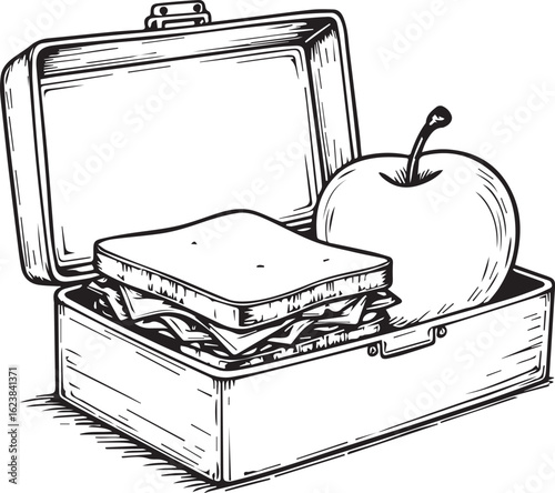Lunchbox Essentials: A classic lunchbox brimming with a wholesome sandwich and a crisp apple, symbolizing the simple joys of a nourishing meal. 
