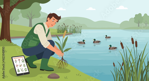 Botanist Investigating Cattail Plant Growth Beside Lake with Ducks
