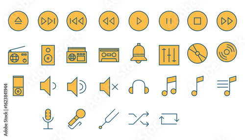 Collection of music and audio icons with play pause and volume controls