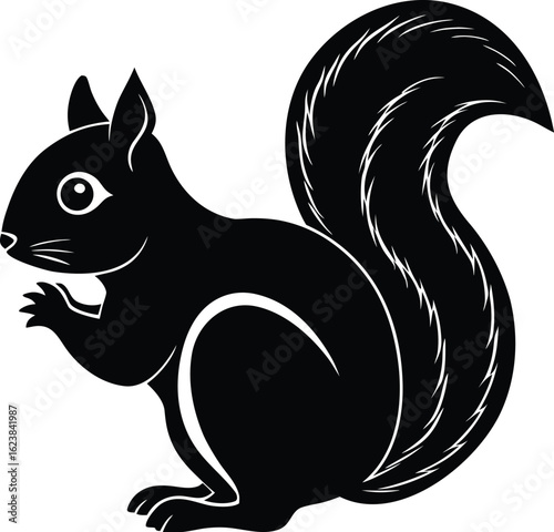 Vector art of stylized black silhouette of a cute squirrel with a bushy tail, depicted in profile, isolated on a white background, representing wildlife and nature