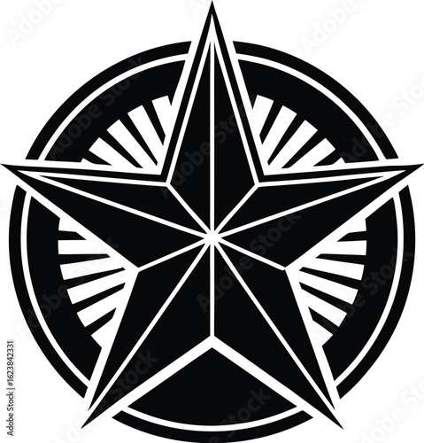 Vector art of a bold black fivepointed star with radiating lines inside a circle, isolated on a white background, representing texas and american heritage