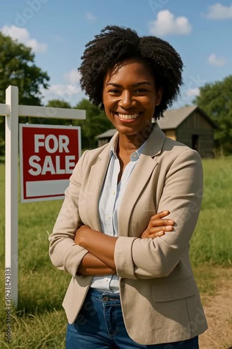 A confident real estate agent stands proudly in front of a for sale sign, her warm smile reflecting the promise of new beginnings and successful property transactions.