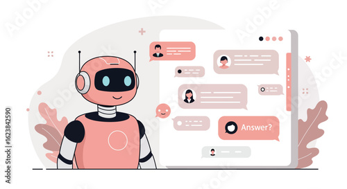 Chatbot assisting with online conversations: ai robot in flat design