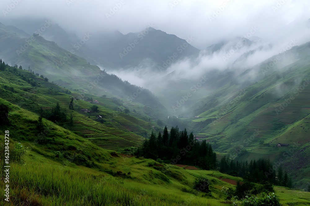 Fototapeta premium Dramatic Terraced Agriculture Scene with Mountain Vistas 