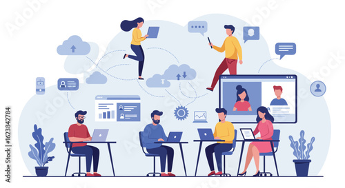 Remote team collaboration with cloud technology and virtual meetings in modern workplace