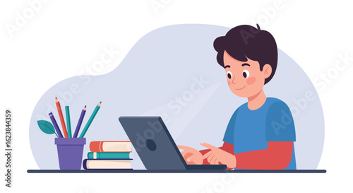Young student learning online with laptop and books at desk in flat style