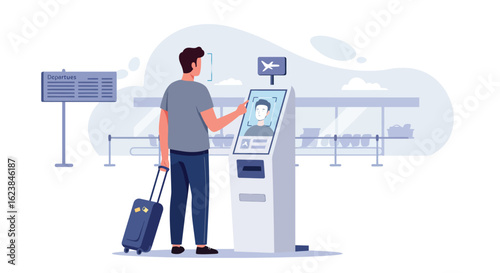 Airport self check-in kiosk with traveler using touchscreen for fast ticketing
