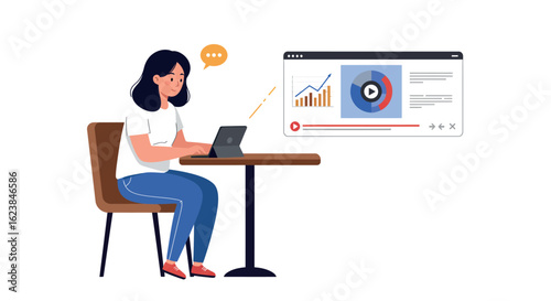 Young woman working on laptop at cafe analyzing statistics on screen