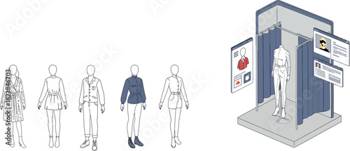 Isometric virtual fitting room concept with fashion design and augmented reality