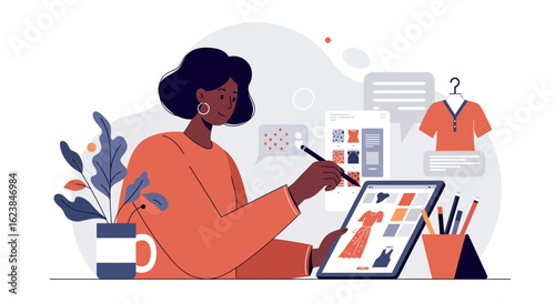 Designer creating fashion concepts on digital tablet with stylus in modern workspace