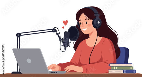 Podcast host recording in studio with microphone and laptop in flat style