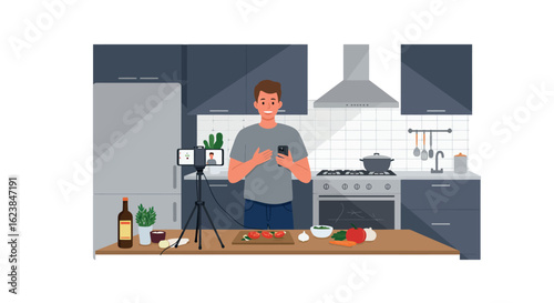 Friendly vlogger sharing cooking tips in modern kitchen setup