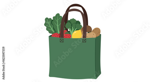 Eco-friendly shopping bag filled with fresh groceries and vegetables