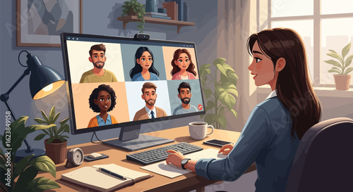 Woman participating in an online video conference meeting