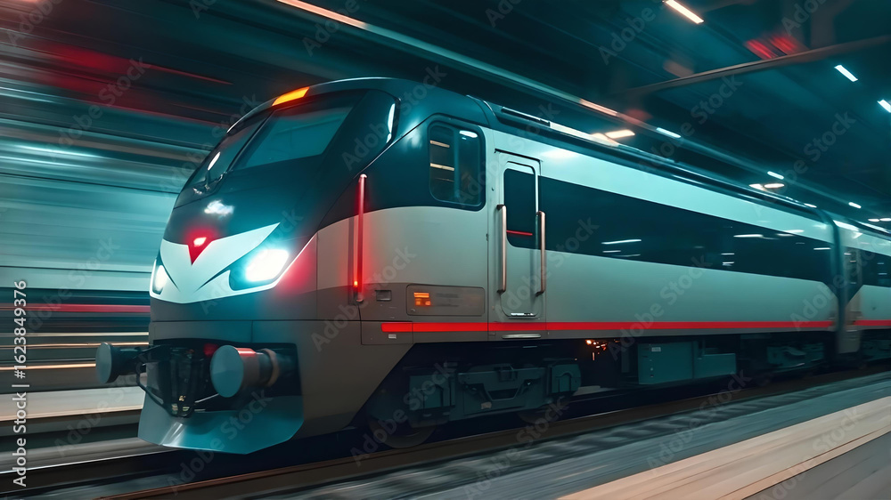 Naklejka premium Modern train moving through tunnel with motion blur effects