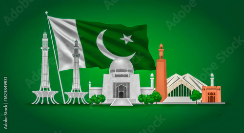 Pakistan Independence Day Poster – National Flag with Iconic Landmarks and Celebration Text