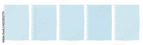 Notebook paper set with light blue background and royal blue lines. and side holes. Includes lined, grid, dot, margin, and plain. Ideal for school notes, study plans, and aesthetic digital journals.