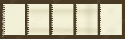 Soft yellow notebook set with brown lines and side holes. Includes lined, grid, dot, margin, and plain pages. Ideal for retro journaling, planning, or printable study sheets.