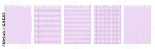 Notebook set with lavender lines on pastel purple pages and top holes. Includes lined, grid, dot, margin, and plain. Ideal for aesthetic journaling, study planning, or feminine digital notebooks.