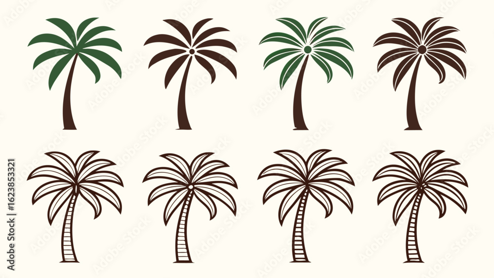 Fototapeta premium Collection of stylized palm trees set in various artistic styles