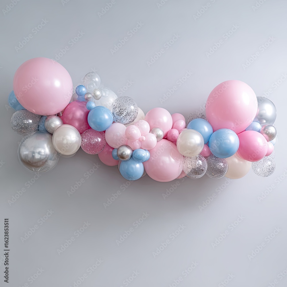 custom made wallpaper toronto digitalPastel pink, blue, silver balloon garland arch, varying sizes and textures, against a light grey background