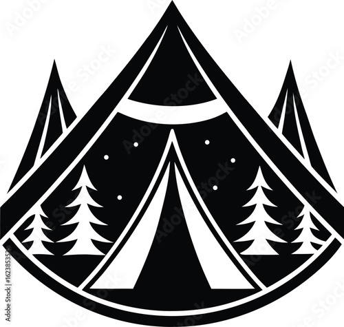 Vector art of stylized black and white illustration of a bell tent at night, surrounded by pine trees and stars, evoking a sense of adventure and nature