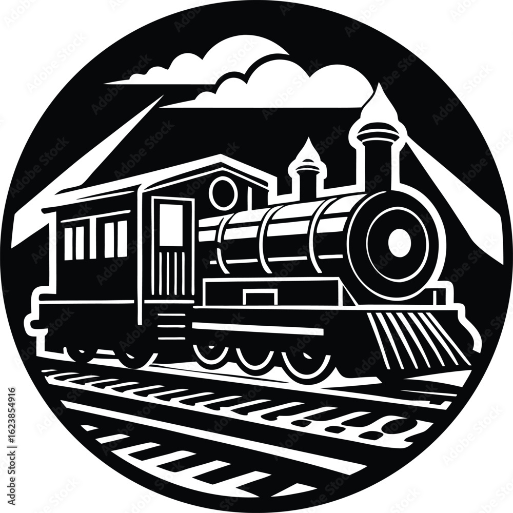 Fototapeta premium Vector art of black and white circular silhouette illustration of a vintage steam locomotive train on railroad tracks with mountains and clouds, symbolizing travel and industry