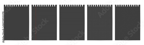 Set of dark notebook pages with top punch holes and soft gray lines. Includes lined, grid, dot, margin, and plain pages. Ideal for journaling, digital planners, or note templates.