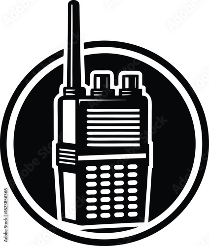 Vector art of black and white illustration of a walkietalkie radio communication device with an antenna, set inside a circular frame, representing technology and connectivity