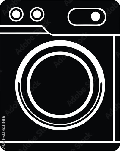 Vector art of stylized black and white graphic of a washing machine with a circular door, representing laundry and home appliances