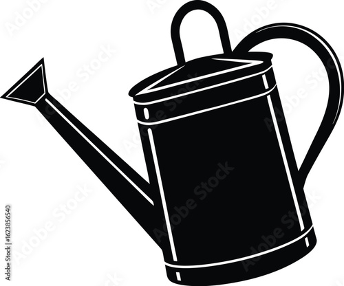 Vector art of black and white silhouette illustration of a classic watering can, isolated on white background, used for gardening and plant hydration