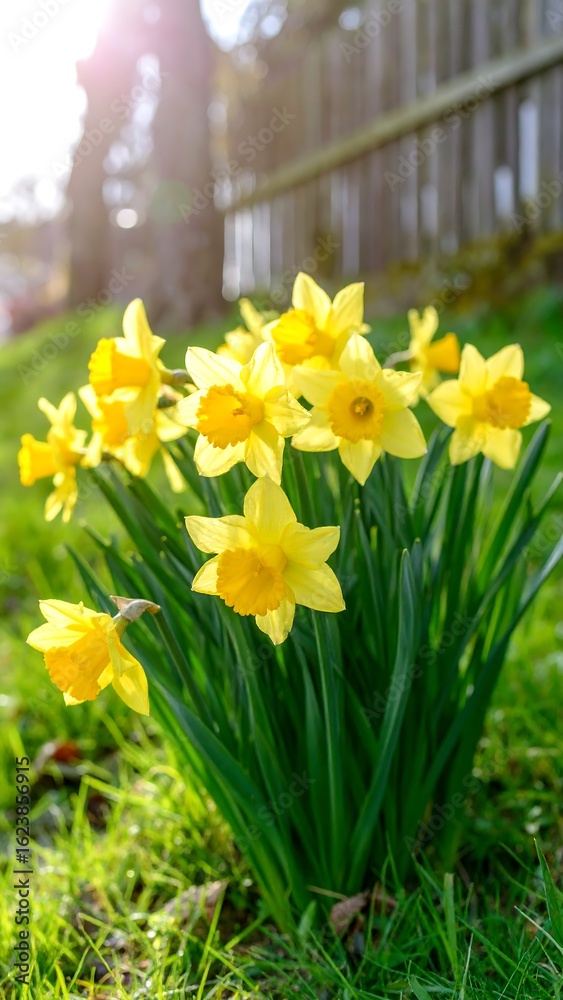 Obraz premium Bright yellow daffodils in a garden setting