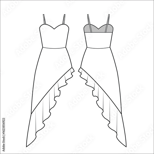 Shoulder spaghetti straps midi maxi long flared a line dress template technical drawing flat sketch.